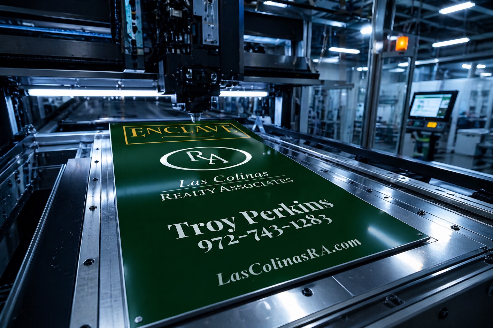 Custom LCRA brokerage signage on the print press — F2 Visuals