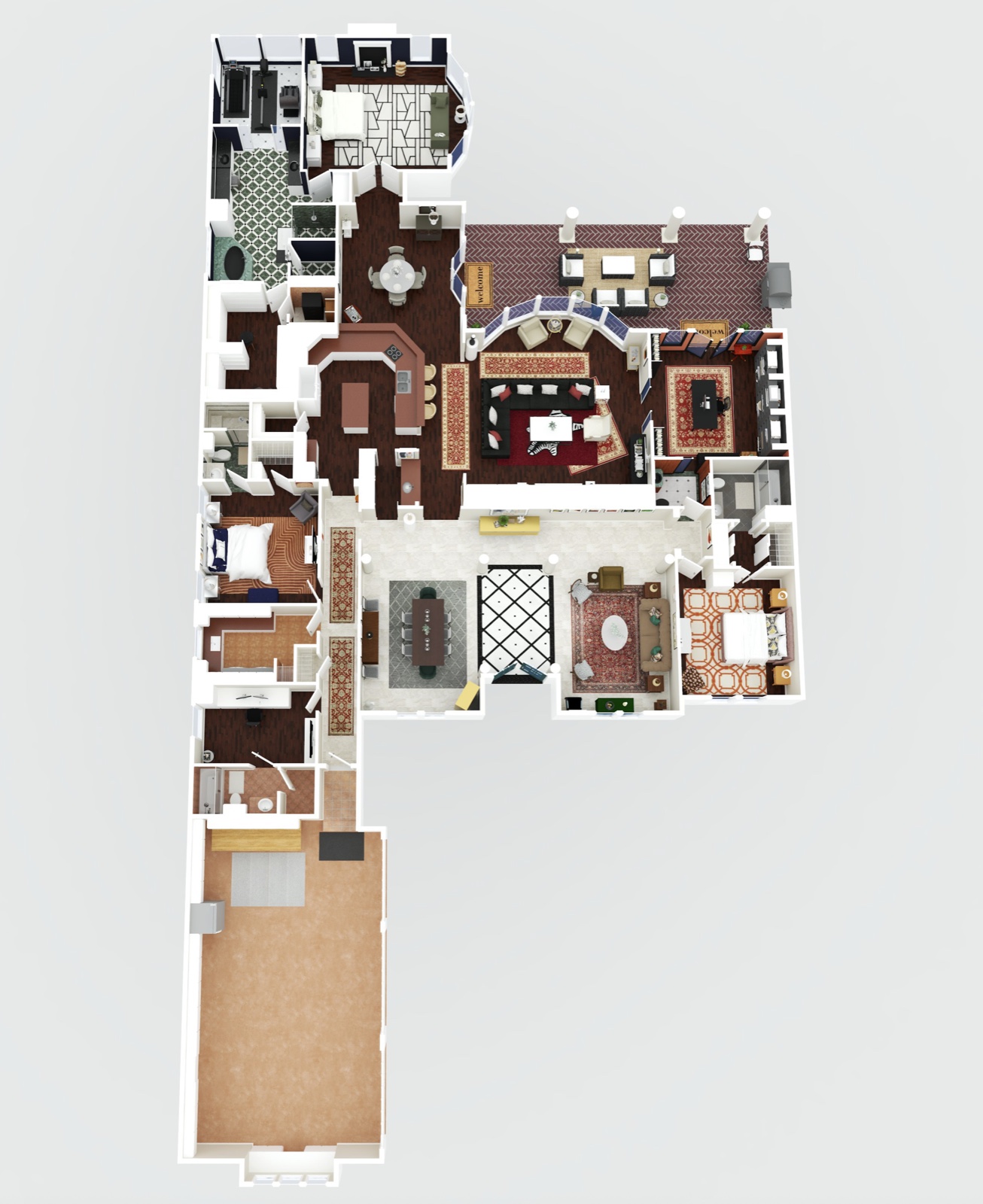 3D rendered isometric floor plan with furniture and finishes — F2 Visuals