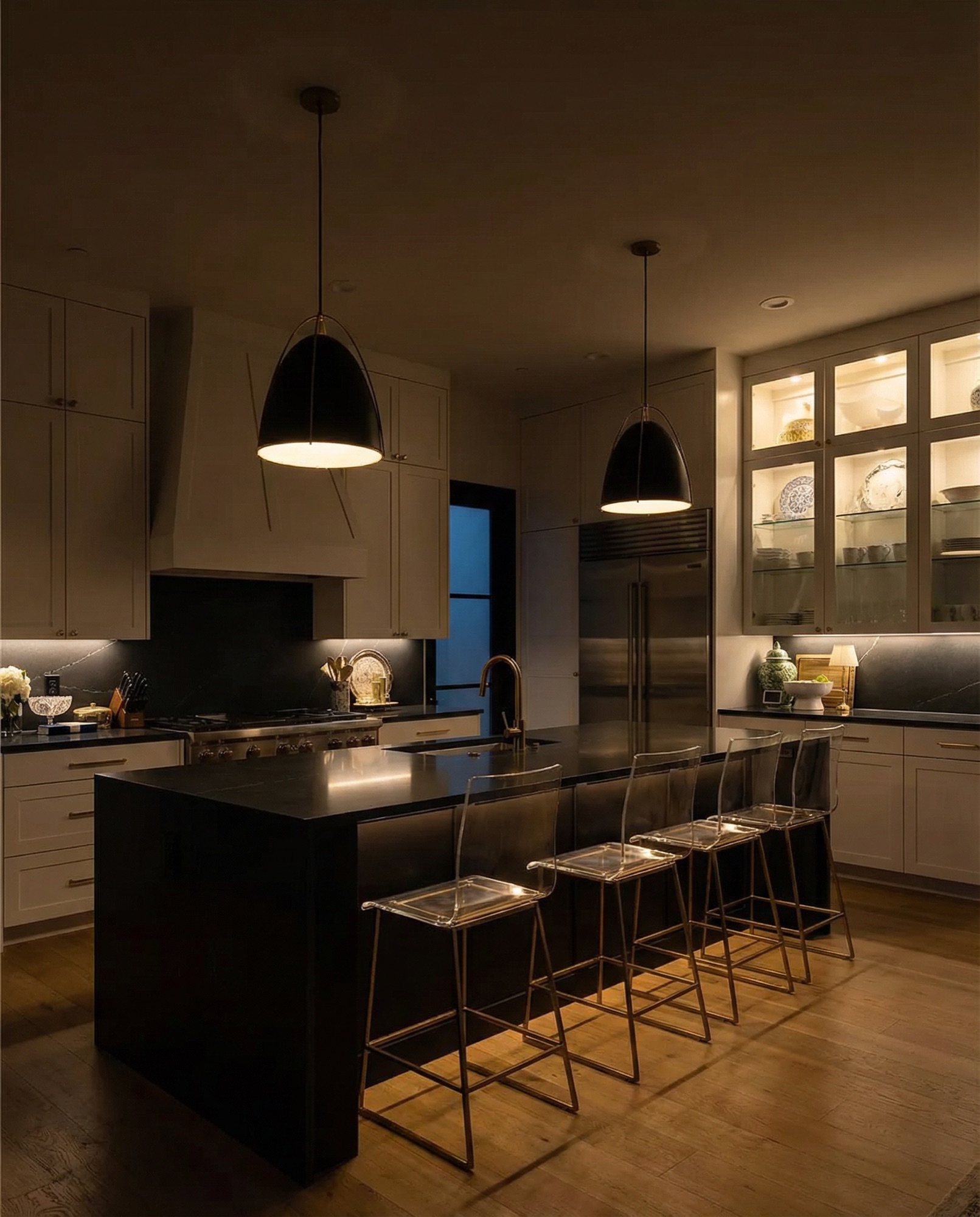 Dramatic night kitchen Signature Edit — F2 Visuals Dallas