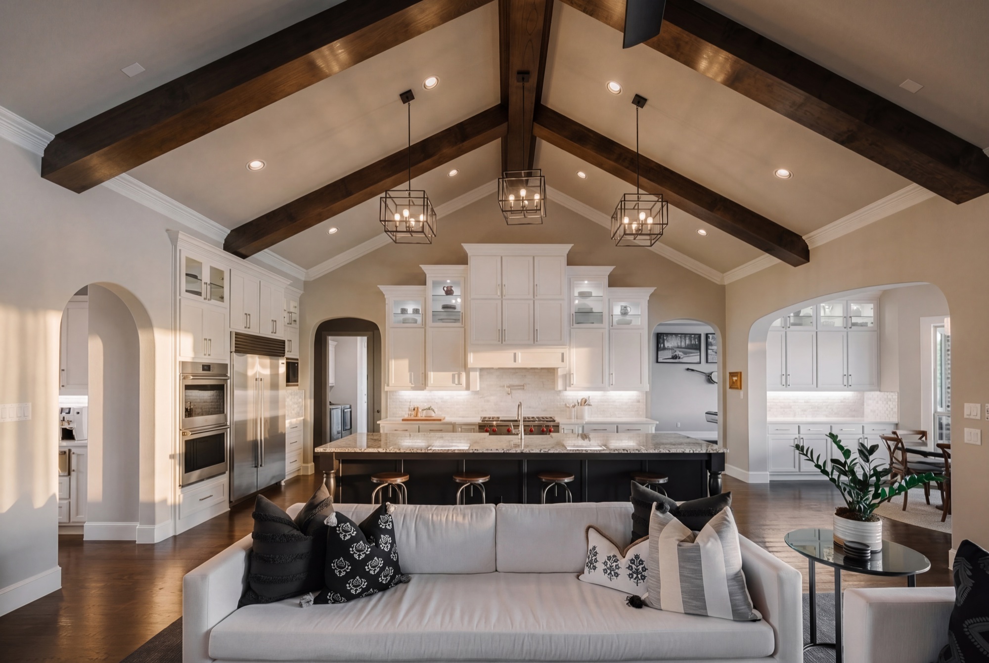 Southlake luxury living room with vaulted beam ceiling Signature Edit — F2 Visuals