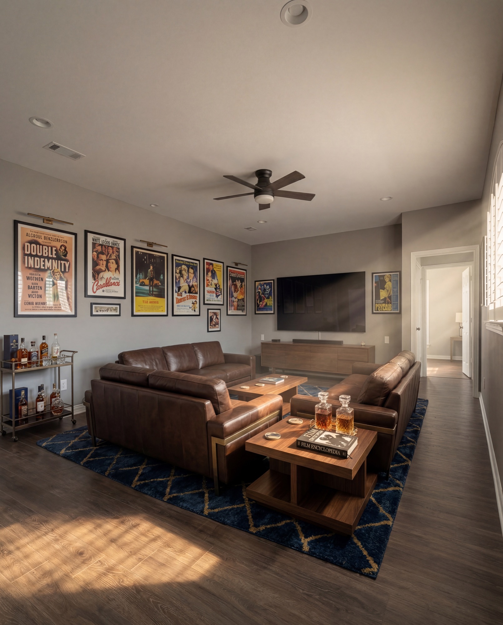 Virtually staged media room — leather sofas, bar cart, gallery wall — by F2 Visuals, Dallas-Fort Worth